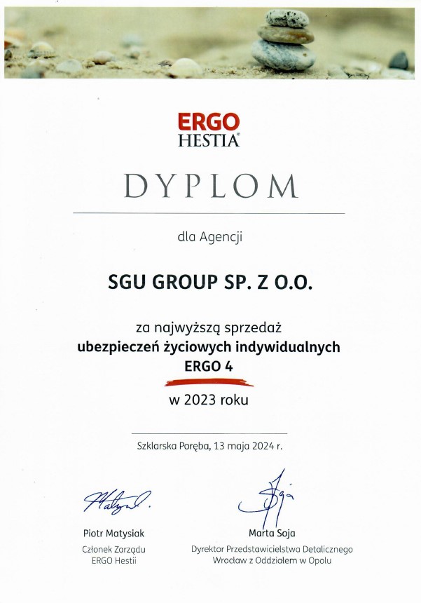 Dyplom ERGO HESTIA dla SGU Group